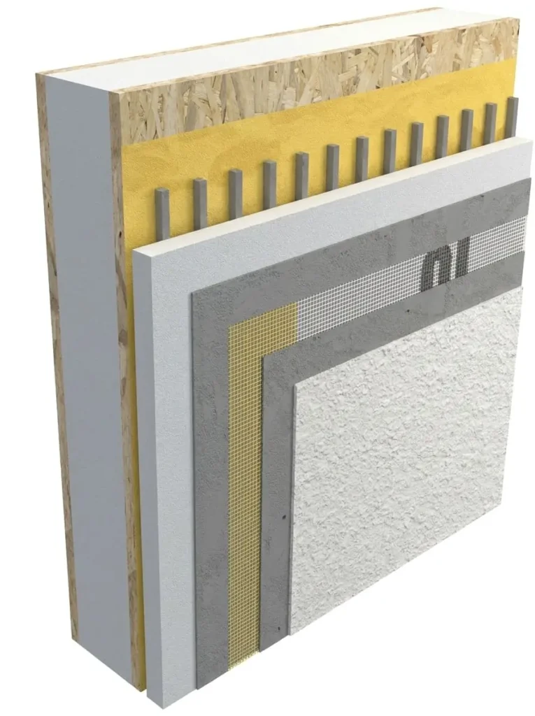 Panel SIP con el detalle de capas del sistema EIFS aplicado como revestimiento exterior. La proteccion que necesitan estos paneles