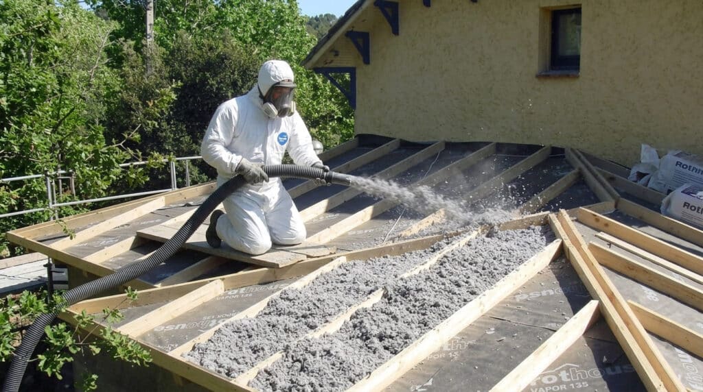 Aplicacion de celulosa insuflada bajo cubierta abriendo el techo por arriba