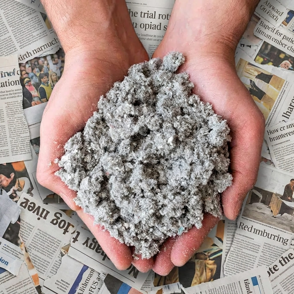 Muestra de fibra de celulosa, Material reciclado, utilizado cada vez más como aislante térmico para techo
